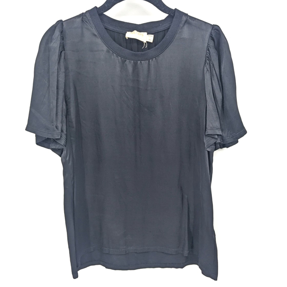 Nation LTD Shirt Womens Small Black Short Puff Sleeve Crewneck USA Silky‎ Blouse